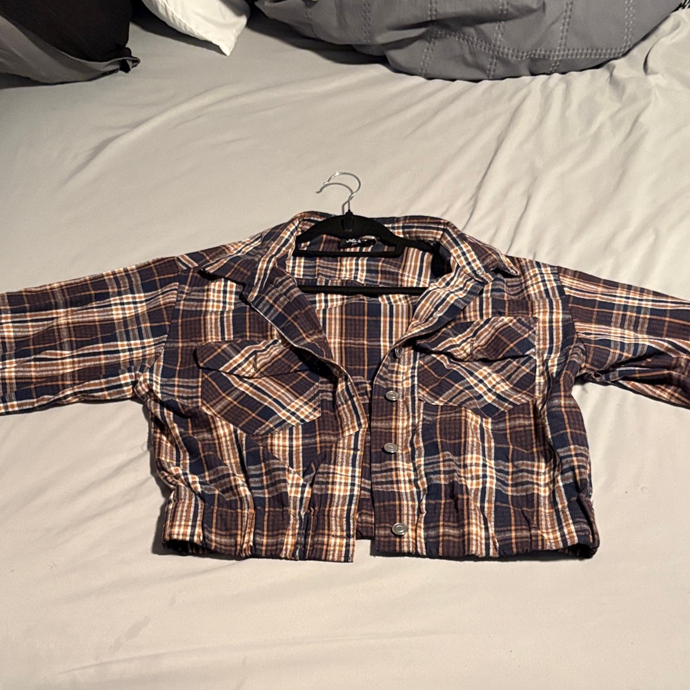 Rainbow Plaid Cropped Jacket - Brown and Blue